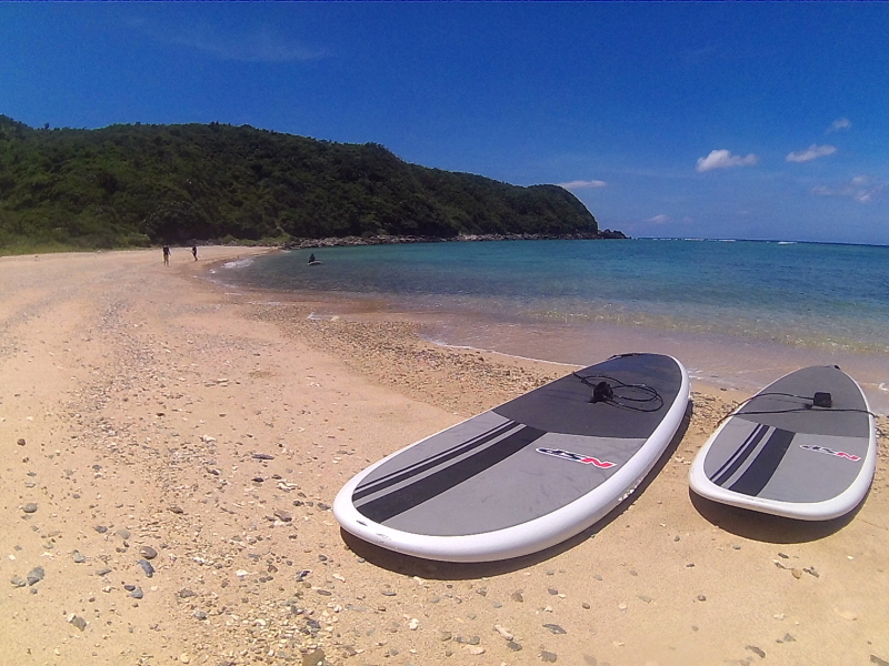 沖縄の国頭村のビーチに置かれているSUPボード