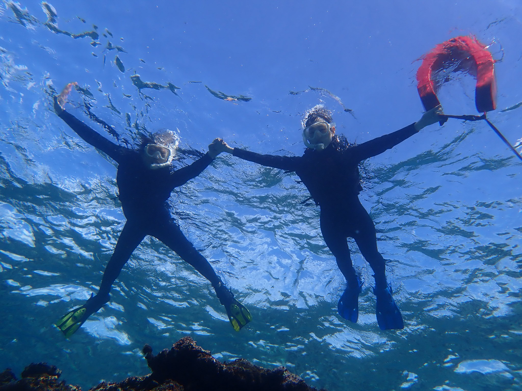 沖縄の国頭村の透明度の高い海で泳ぐ